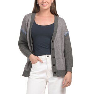 METRIC KNITS GREY COMBO Shaker Stitched Hidden Snap Closure V-neck Cardigan